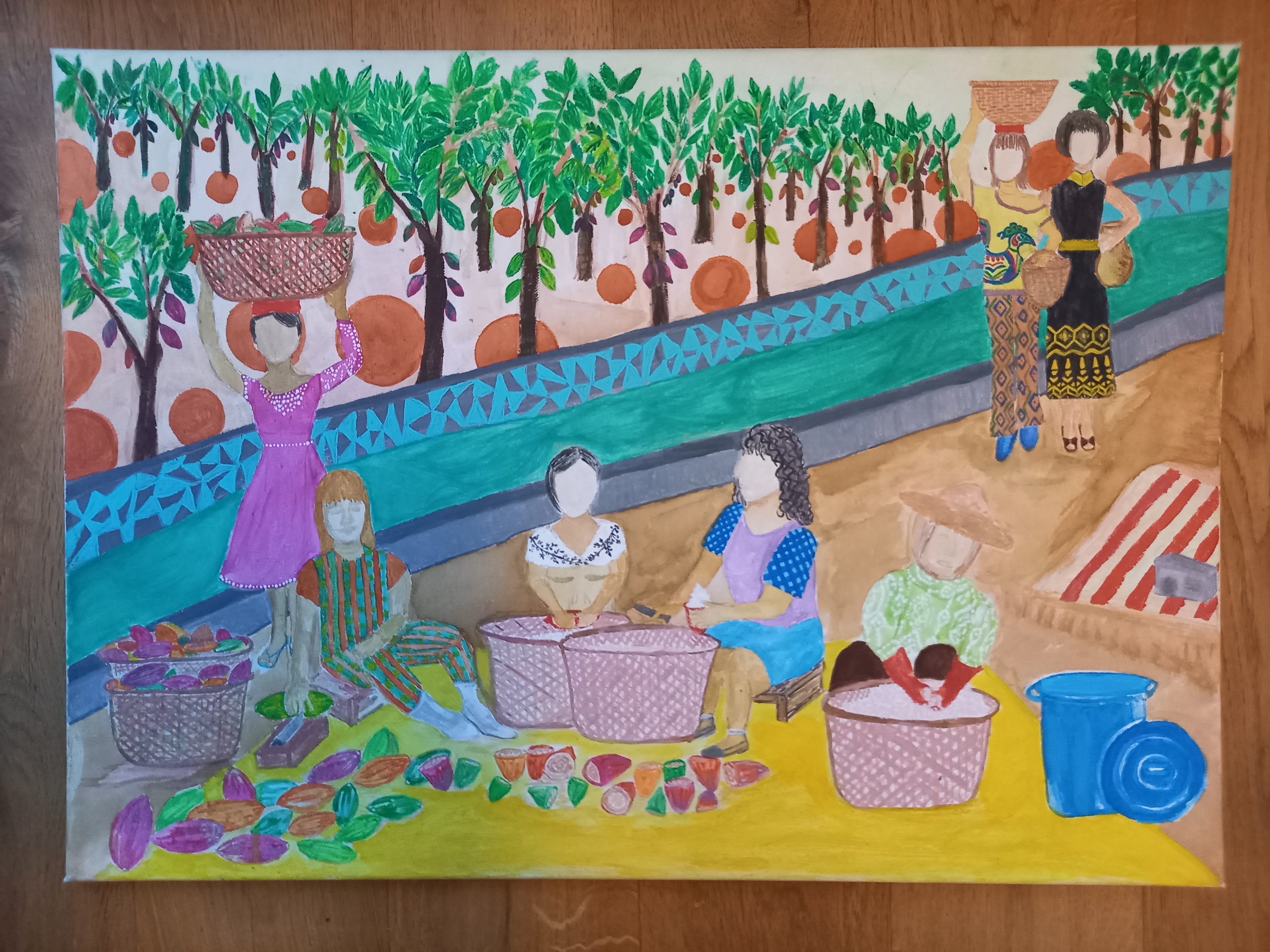 A painting of ladies processing the cacao beans